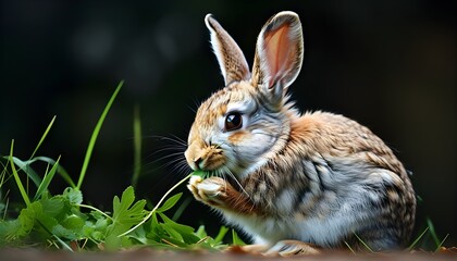 Wall Mural - European rabbit enjoying a fresh blade of grass in a vibrant natural setting