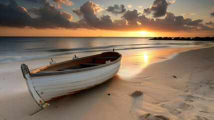 A white wooden boat sits on a sandy beach with the setting sun reflected in the water, creating a serene and tranquil scene.