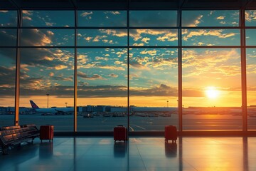 luggage in the airport terminal, planes in the parking lot