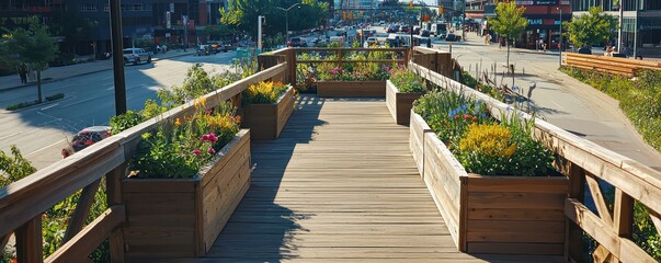 Wall Mural - a wooden bridge over a busy urban street, featuring planter boxes with local flowers and shrubs, pro