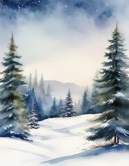 Sticker - Watercolor Painting of a Snowy Landscape with Pine Trees