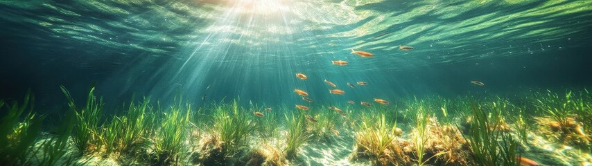 A vibrant underwater scene showcasing sun rays, aquatic plants, and colorful fish in a serene aquatic environment.