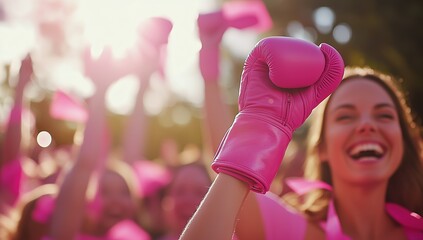 Wall Mural - Pink boxing gloves celebration event, celebrating cancer awareness in the crowd, and excited moments for women throwing punches
