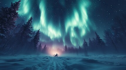 Wall Mural - Santa Claus flying across the night sky in his sleigh pulled by reindeer, the aurora borealis glowing in vibrant colors, casting a magical light on a snow-covered wilderness below, with twinkling star