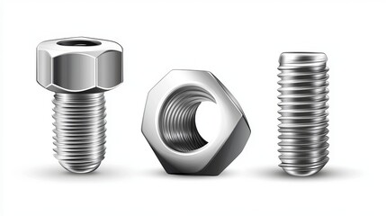 Hex head bolt and nut in a side view. Close-up of a socket cap screw, featuring shiny metal hardware parts made from stainless steel or chrome.