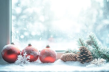 Red Christmas Ornaments and Pine Cones on a Snowy Windowsill