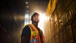 © Iona - A warehouse worker in a high-visibility vest confidently stands among large shipping containers, bathed in sunlight filtering through the industrial space.