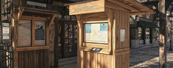 A wooden information kiosk at the entrance of a historic downtown, designed to mimic the architectural style of the area and provide visitors with maps and guides