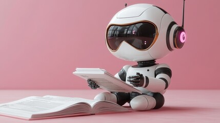 A 3D digital library of financial reports with search robots, symbolizing vast corporate knowledge access, cute icon style on clean background