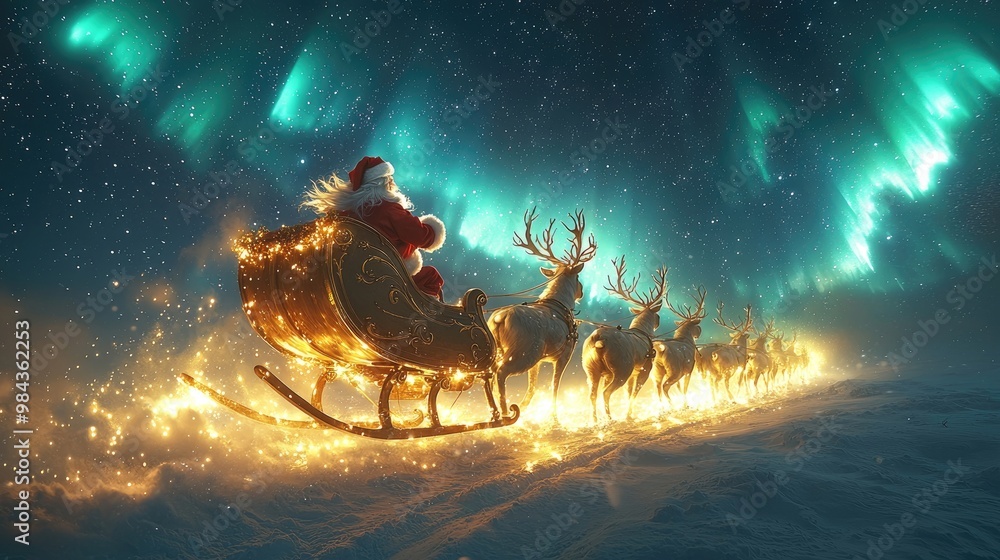 Santa Claus flying across the night sky in his sleigh pulled by ...