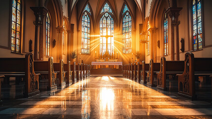 Wall Mural - Inside an elegant church with a white marble floor, high ceilings, and stained glass windows, pews line the walls. The shot is taken from the interior, facing the altar