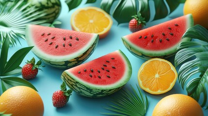 Colorful Tropical Fruits with Leaves on Bright Background