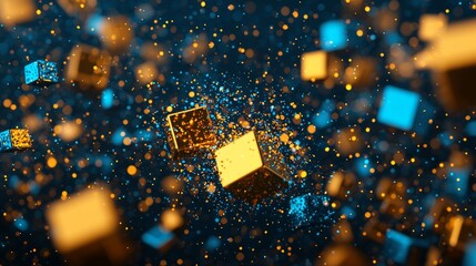Wall Mural - A series of floating, glowing cubes gradually disintegrating into particles of light, symbolizing the breaking down of structure and order, in vivid shades of blue and gold