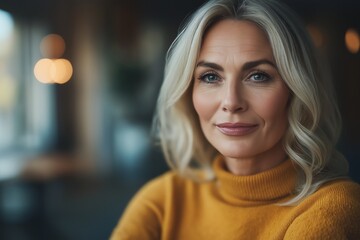 Poster - A woman with blonde hair and a yellow sweater is smiling. She is looking directly at the camera