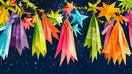 A vibrant Tanabata festival scene with colorful paper decorations swaying gently under a starlit night sky, capturing the festive atmosphere and the traditional celebration of wishes.