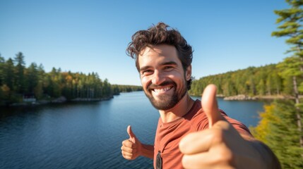 A cheerful man gives a thumbs up with a wide smile against the backdrop of a tranquil lake and lush forest, embodying positivity and adventure.