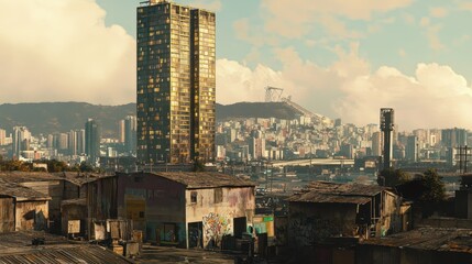 Contrasting Landscapes: Towering Skyscrapers and Humble Dwellings