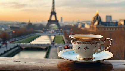 Charming Parisian landscape featuring a steaming mug of tea or coffee