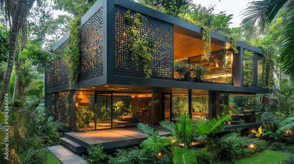 Multiverse House Sci-fi cube house with intricate perforated metal detailing, surrounded ...