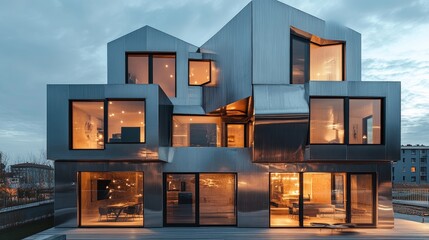 Unique cube house design with metallic cladding, asymmetric window layout for privacy and light control, sleek, modern architecture, city backdrop