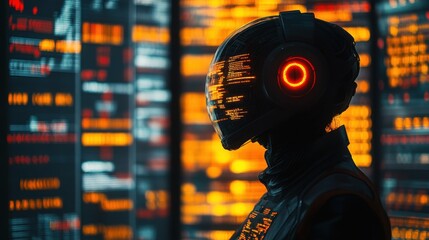 Wall Mural - Illustration of a virtual robot in a stock trading area controlled by a robot under modern technology system. Technology of the future.