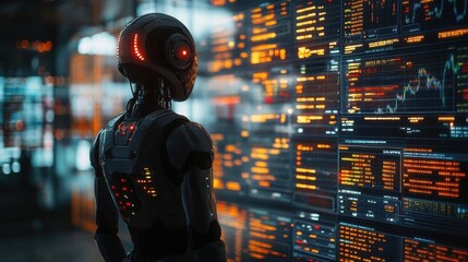 Wall Mural - Illustration of a virtual robot in a stock trading area controlled by a robot under modern technology system. Technology of the future.