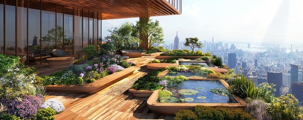 Wall Mural - a wooden rooftop lounge on a high-rise building, featuring gardens, water features, and panoramic ci
