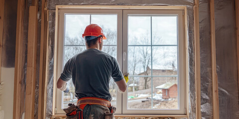 A window installation worker installs window frames into the openings of a house.