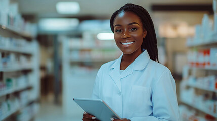 Black smiling female pharmacist dressed in white medical suit holding digital tablet standing against light colored pharmacy interior background.