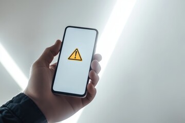 Wall Mural - A hand grips a smartphone showing a warning sign, highlighting the importance of caution in financial decisions, investments, and awareness of potential economic risks that could cause harm