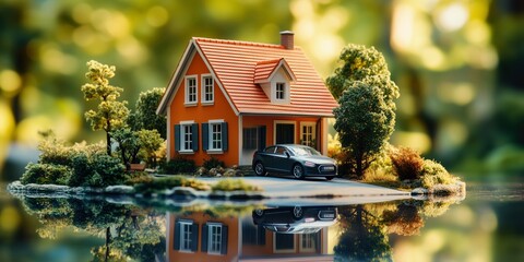 Miniature model of a house with a car in front, situated on a small island surrounded by water and greenery, reflecting peaceful living in nature.