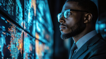 Wall Mural - security officer,  A focused security officer in smart attire surveils vibrant data displays, exuding professionalism in a high-tech environment