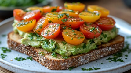 Wall Mural - Close-up of a delicious avocado toast topped with cherry tomatoes and fresh herbs on a plate.