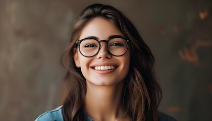 Wall Mural - Joyful young woman with glasses radiating positivity and charm