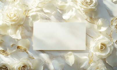 Sticker - White roses, petals, and blank card on marble.