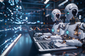 A team of robot programmers work in an office at a computer. The world of new technologies in the future.