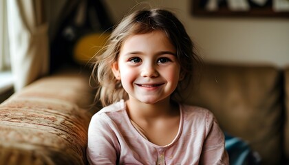 Joyful child sitting comfortably on a sofa in a cozy room