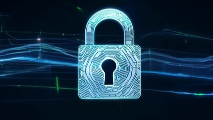 Poster - A digital lock icon is prominently displayed against a dark background, showcasing intricate circuit patterns that signify cybersecurity in a networked setting.