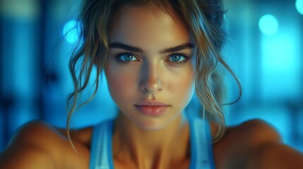 Poster - Close-up portrait of a young woman with blue eyes, looking directly at the camera.