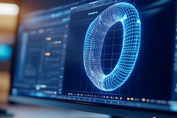 close-up of a computer screen displaying a wireframe, blue digital model of a horseshoe against a da