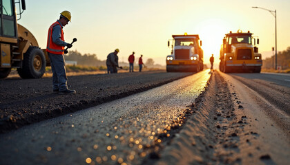 Highway construction site with workers laying asphalt on a sunny day using heavy machinery.






