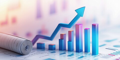 Finance stock image background featuring a blue upward-pointing arrow and bar graphs for business presentations, investment success, or economic analysis themes.