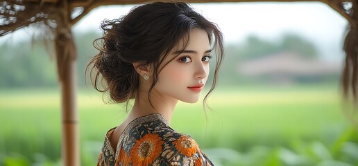 Wall Mural - Beautiful young woman with long dark hair, wearing a floral dress, looking over her shoulder in a natural outdoor setting.