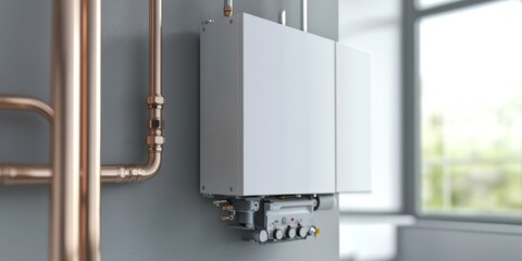 A contemporary tankless water heater, wallmounted and connected to copper piping, enhances the efficiency and functionality of modern utility rooms, making it a practical choice for homes