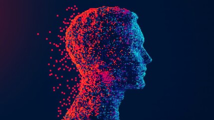 an abstract human figure dissolving into a sea of vibrant digital pixels, symbolizing the merging of