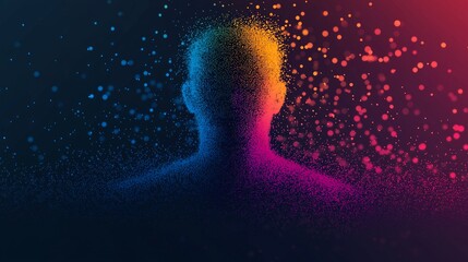 Wall Mural - An abstract human figure dissolving into a sea of vibrant digital pixels, symbolizing the merging of humanity and technology, with vivid colors fading into darkness
