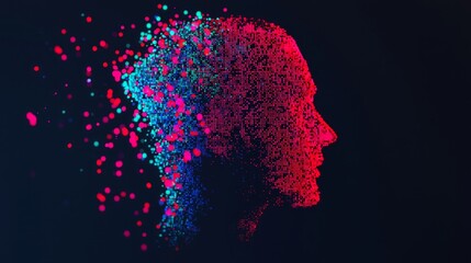 Wall Mural - An abstract human figure dissolving into a sea of vibrant digital pixels, symbolizing the merging of humanity and technology, with vivid colors fading into darkness