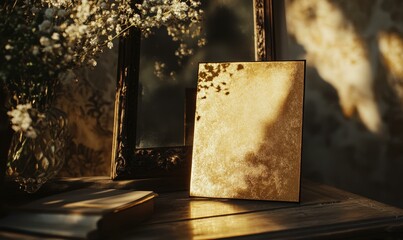 Canvas Print - Ornate mirror, golden frame, wooden table, sunlight.