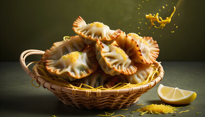 Delicious fried gyoza served in woven basket, garnished with lemon and vibrant yellow zest, creating an inviting and appetizing presentation