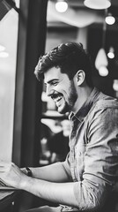 Canvas Print - Smiling young man working at a laptop in a cozy cafe.